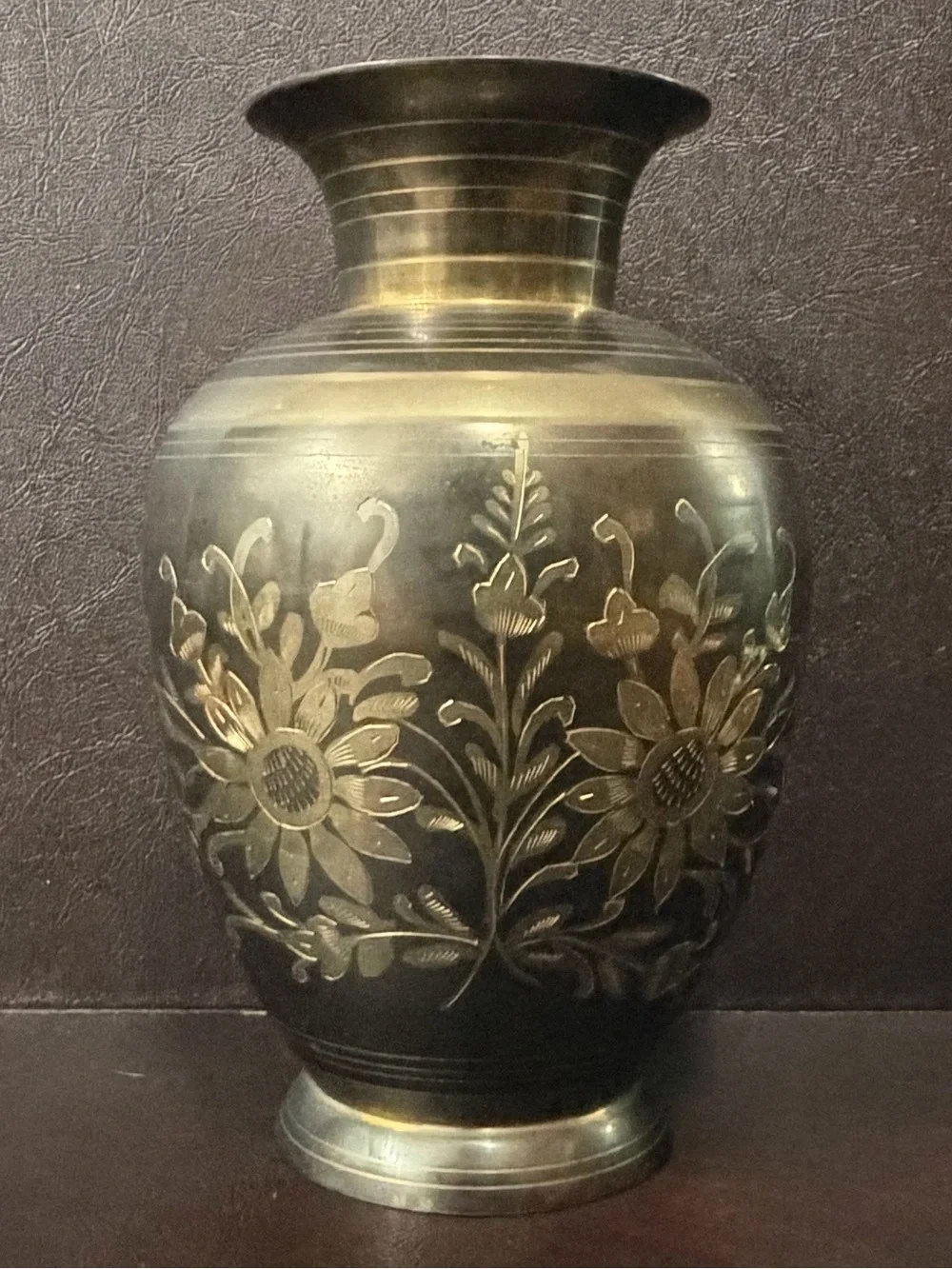 Vintage Engraved Brass Floral Vase Made in India 9”